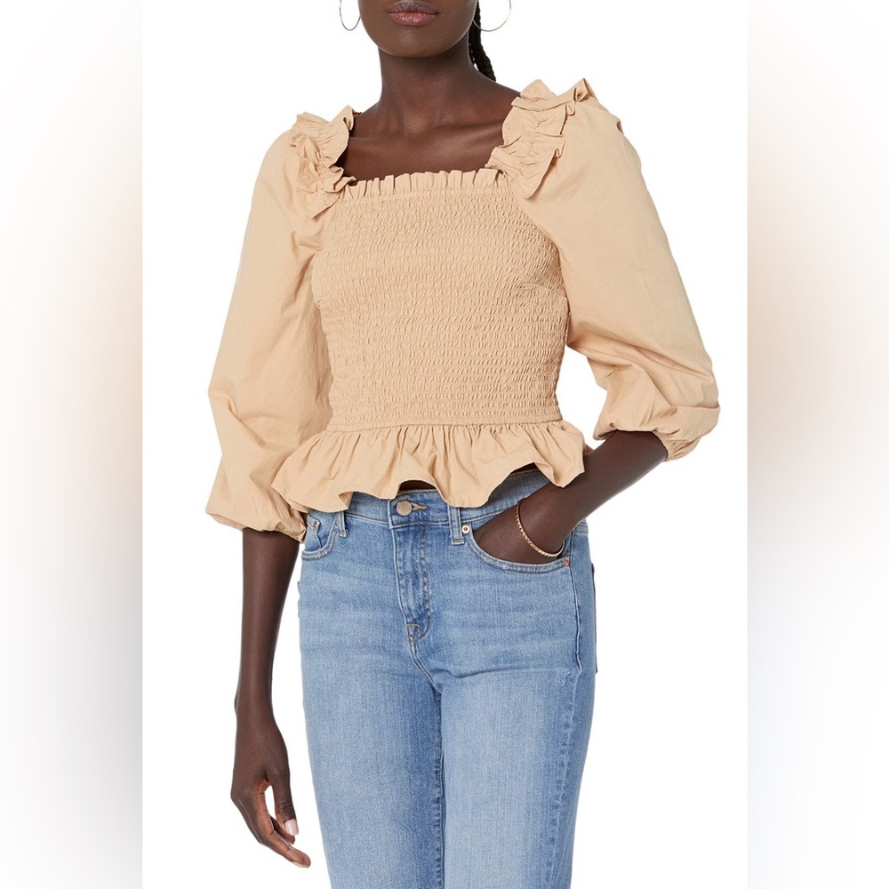 The Drop Smocked Ruffle Blouse Tan Puff Sleeve Crop Top Boho Chic Size M NWT
